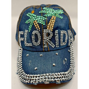 Bedazzled Denim “FLORIDA” Palm Tree Cap – Used with Wear but Full of Flair!